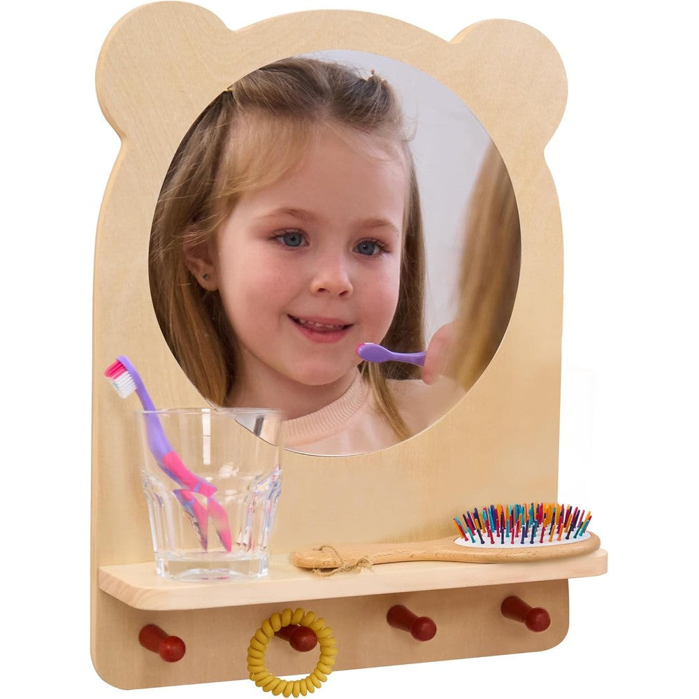 ODOXIA Toddler Self Care Station front view showing wooden bear mirror and shelf