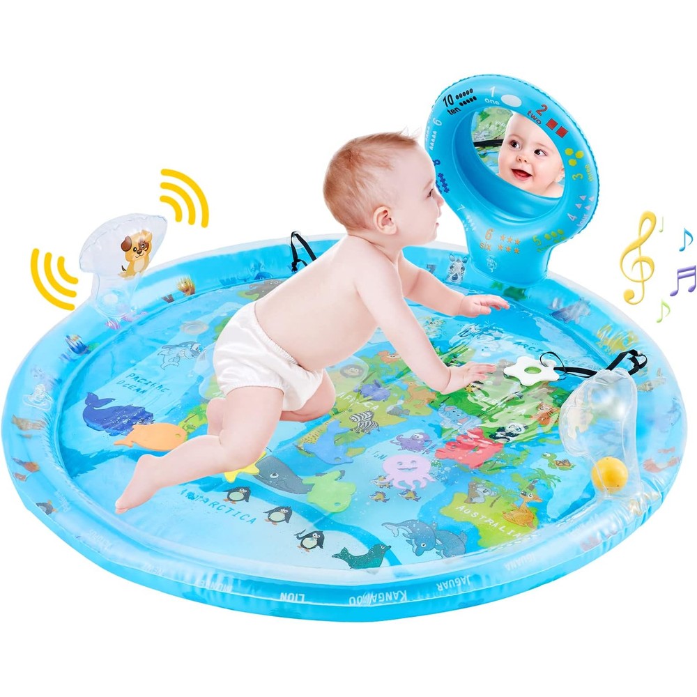 Flashbluer extra large tummy time baby water mat front view showing blue marine world map design.