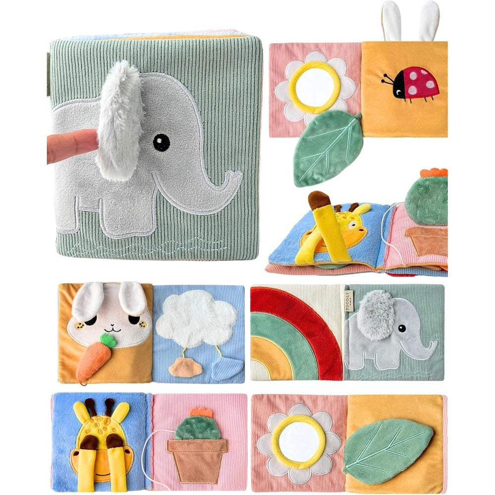 Toodly cute soft baby book front view showing sensory elephant cover layout