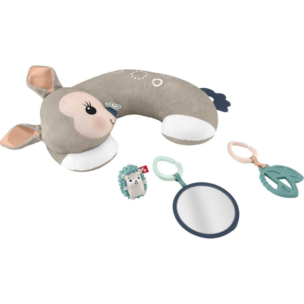 Fisher-Price Tummy Time Fawn Wedge front view showing plush animal cushion with attached toys.