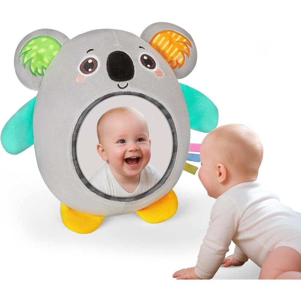 FIOBEE Tummy Time Baby Mirror front view featuring the gray koala sensory design standing on a play mat.