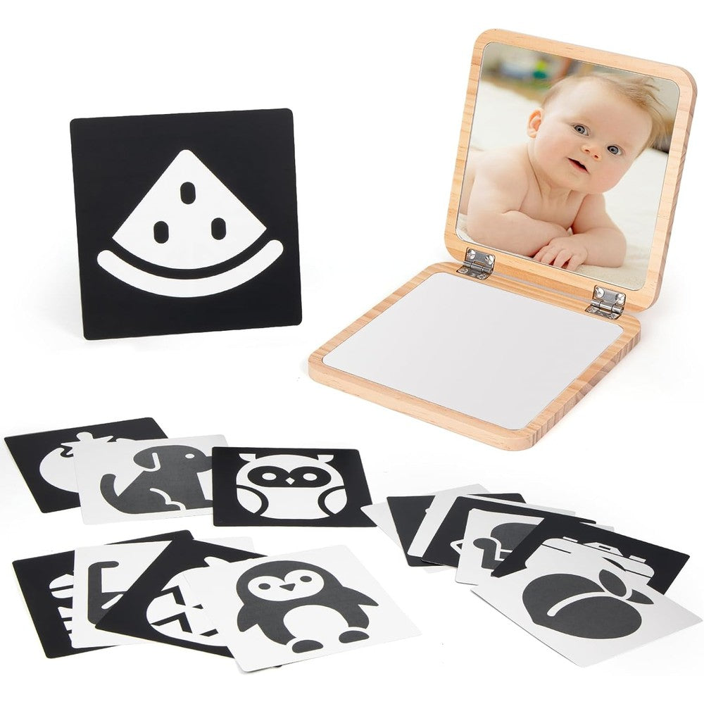 Woodtoe Tummy Time Mirror front view showing adjustable dual acrylic panels and natural pine frame.