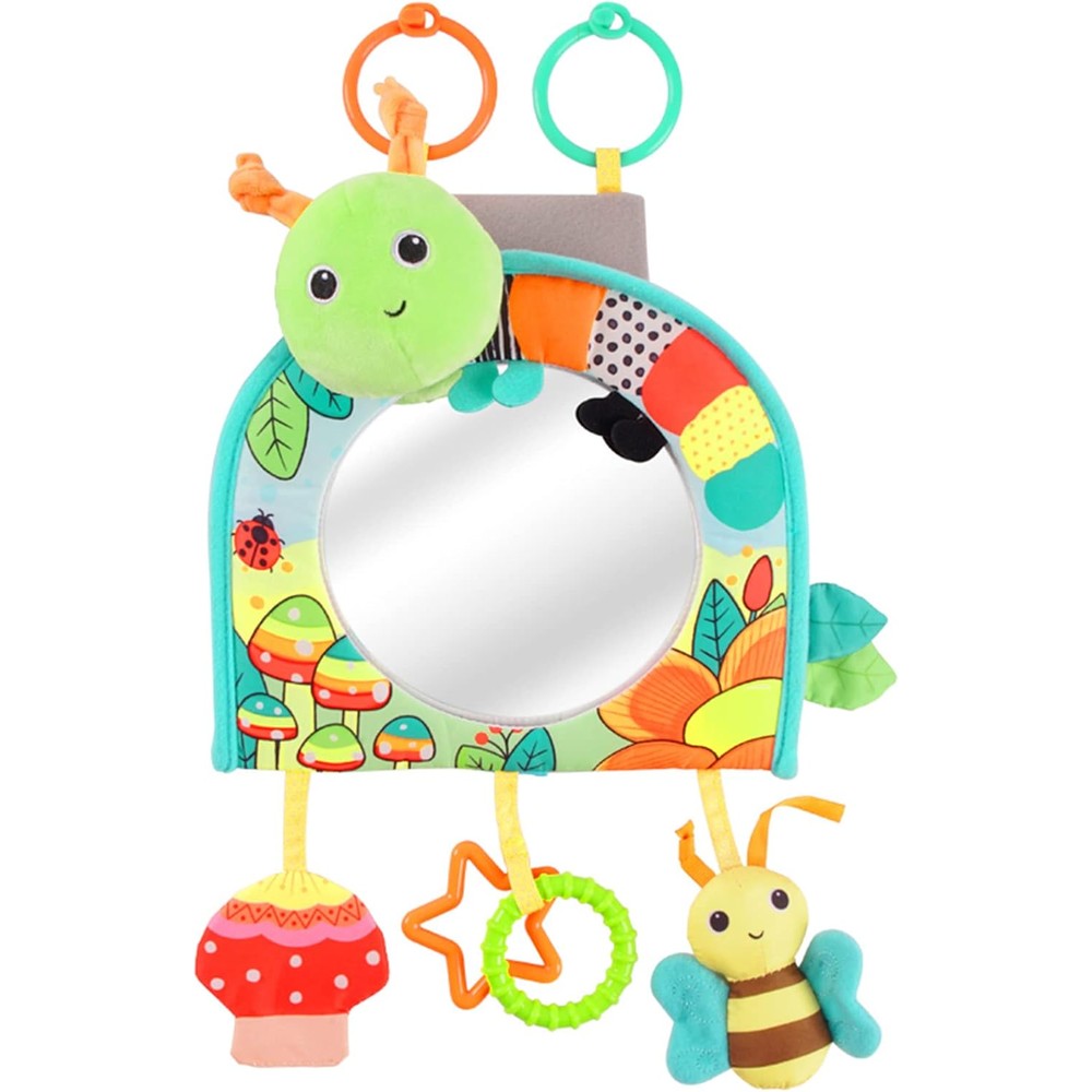 Koty infant car seat toy front view showing the central baby safe mirror and hanging gray fox plush elements