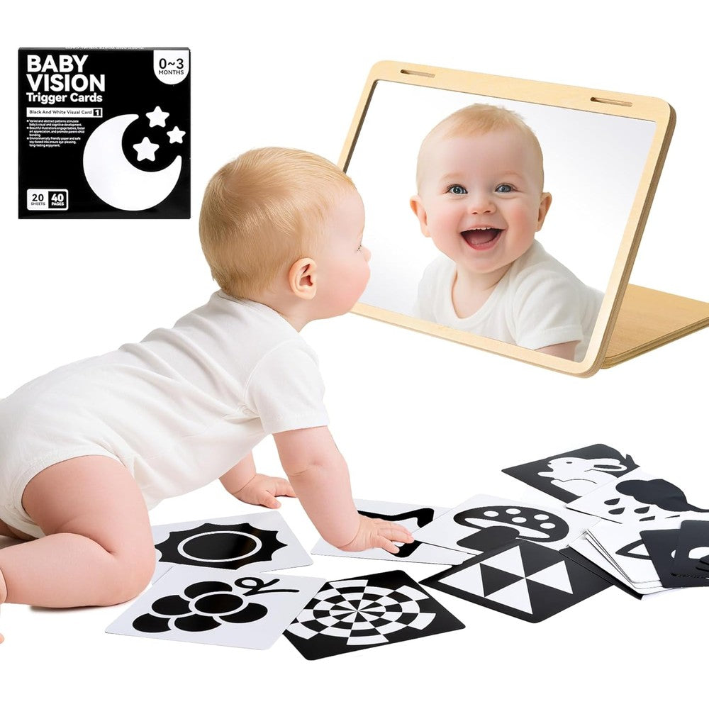 Brezlio Tummy Time Mirror front view featuring the wooden frame and infant safe reflective surface on a baby playmat.