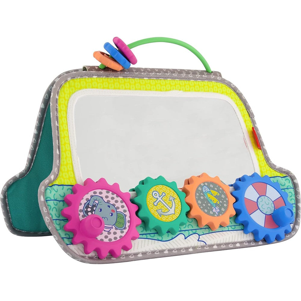 Infantino busy board mirror sensory toy boat front view showing colorful gears and baby safe mirror.