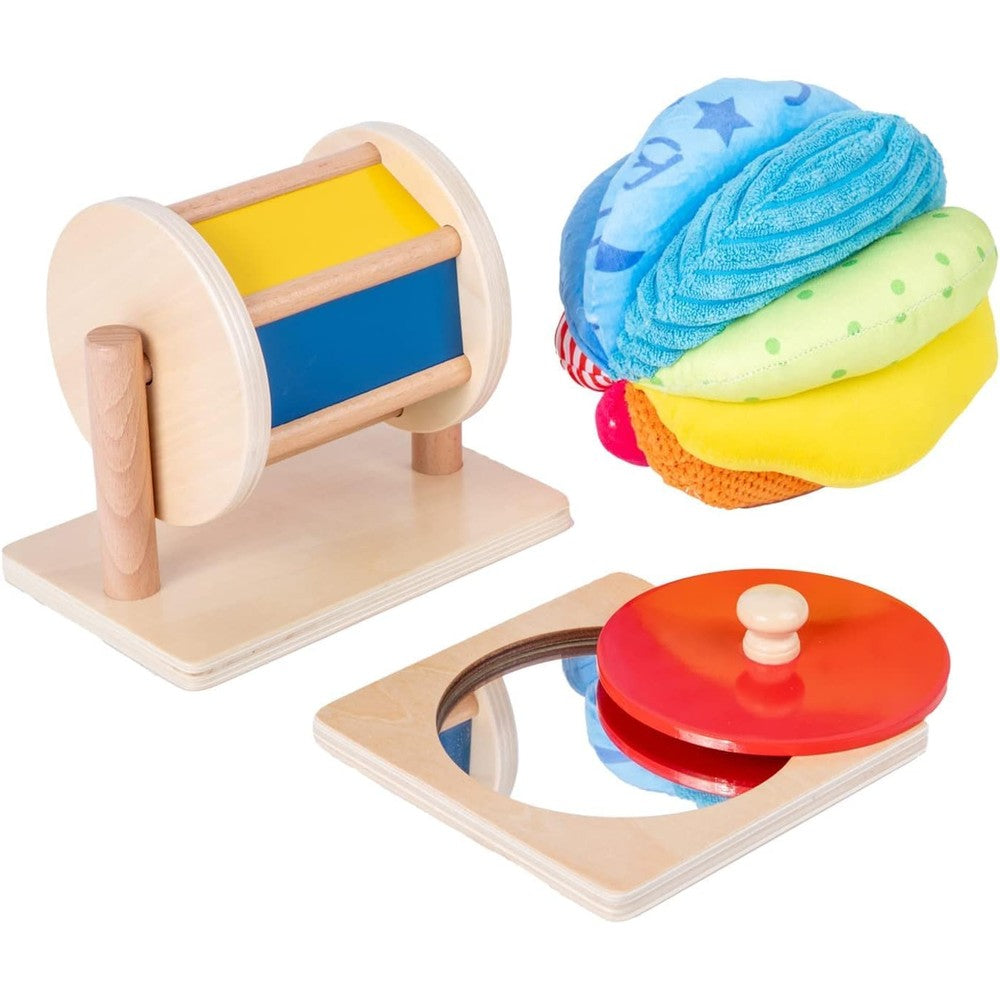 Adena Montessori baby toys play kit front view of complete developmental set including wooden puzzle and spinning drum