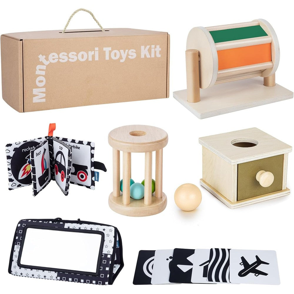 Starrykids Montessori Toys 6-in-1 educational set front view displaying wooden spinning drum and object permanence box.