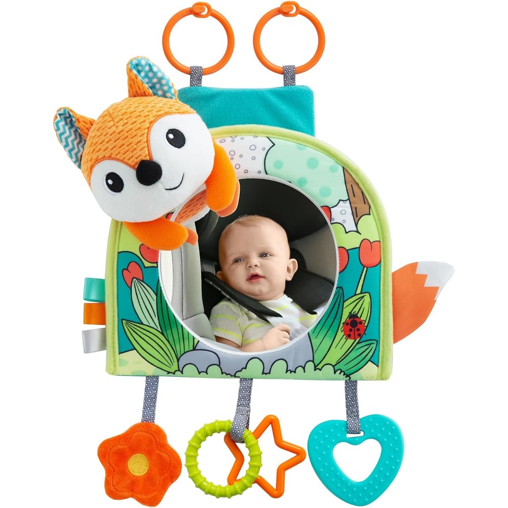 Lynncare car seat toy front view showcasing the plush fox design and shatterproof rear facing mirror
