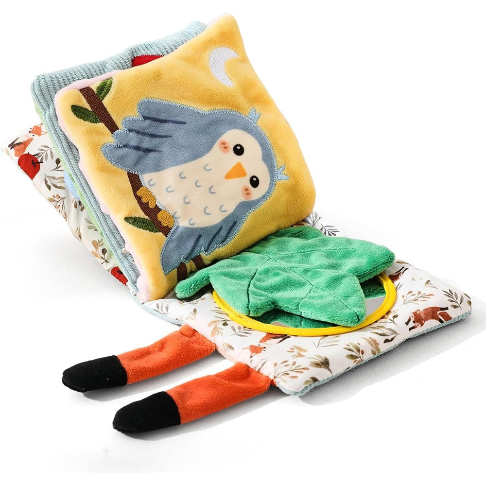 Macabaka Montessori soft baby book front view showing embroidered owl cover design