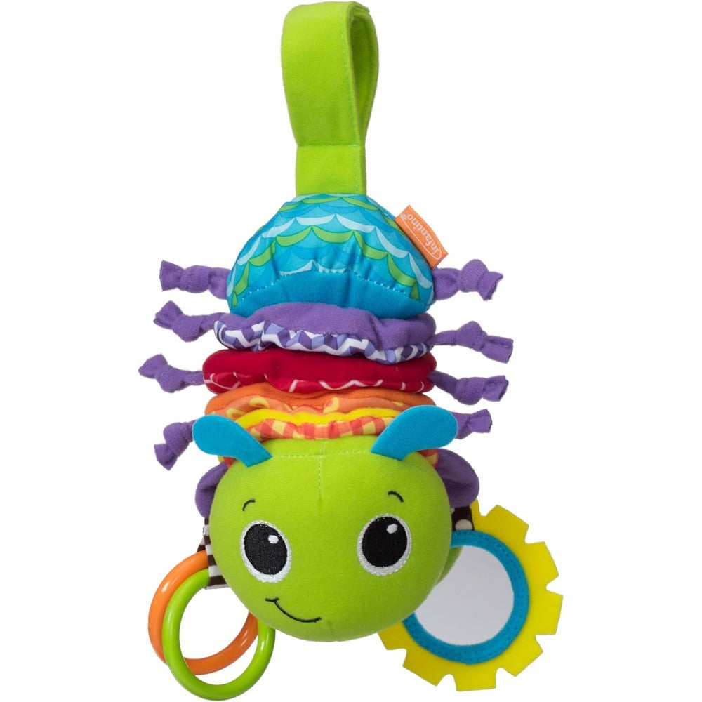Infantino Hug and Tug Musical Bug front view colorful rainbow plush stroller toy