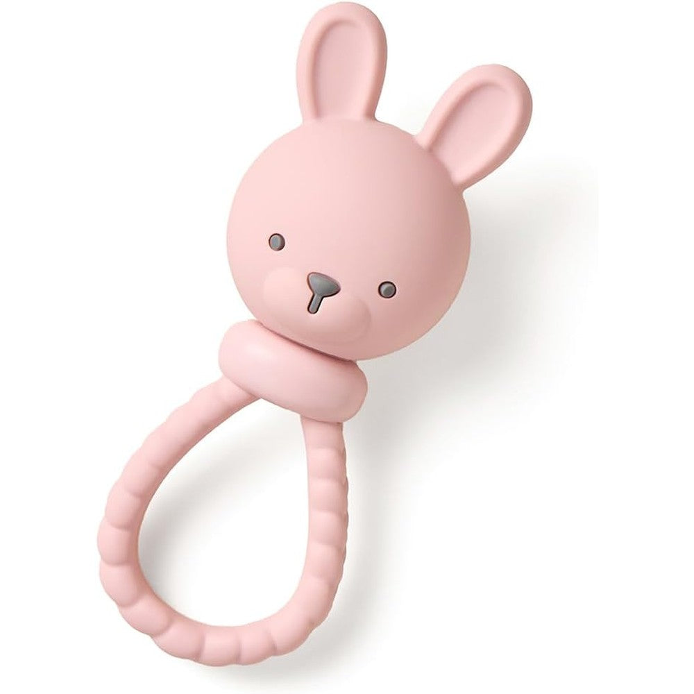 Itzy Ritzy silicone rattle toy bunny front view for teething relief