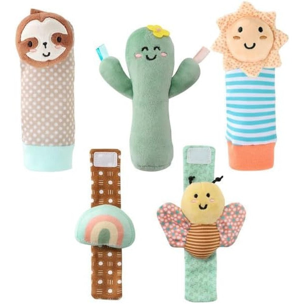 The Peanutshell Boho Sock Rattles Set of Five front view showcasing neutral high contrast infant sensory toys.