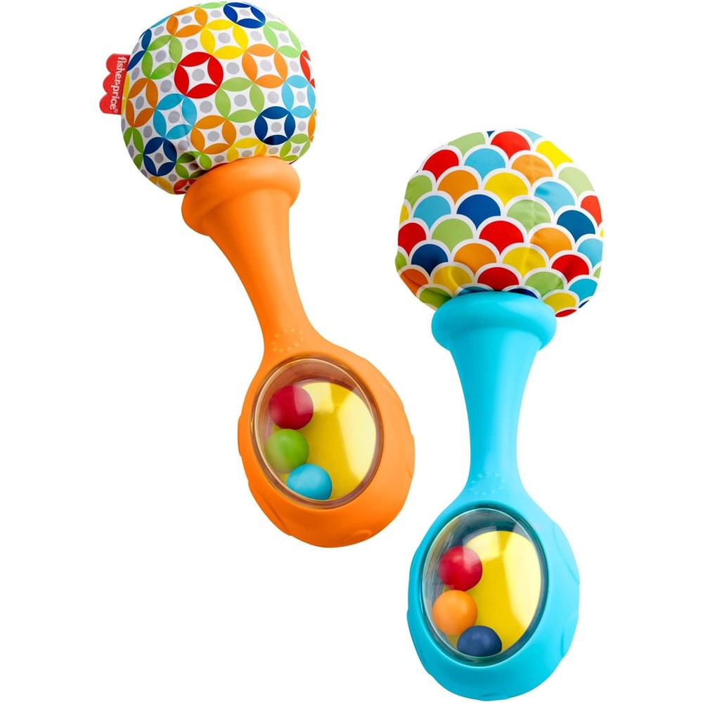 Fisher-Price Newborn Rattle 'n Rock Maracas front view showing blue and orange musical instrument set.