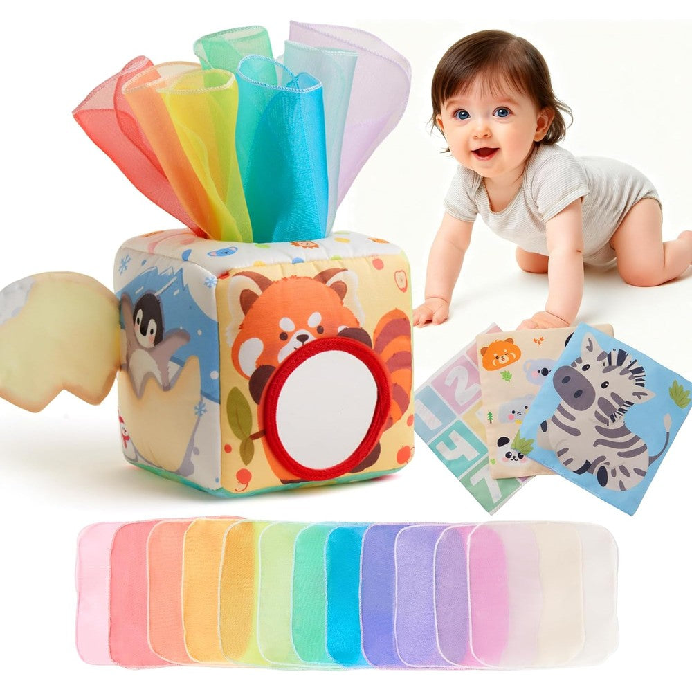 Kilgico baby tissue box toy front view featuring red panda design and colorful scarves.