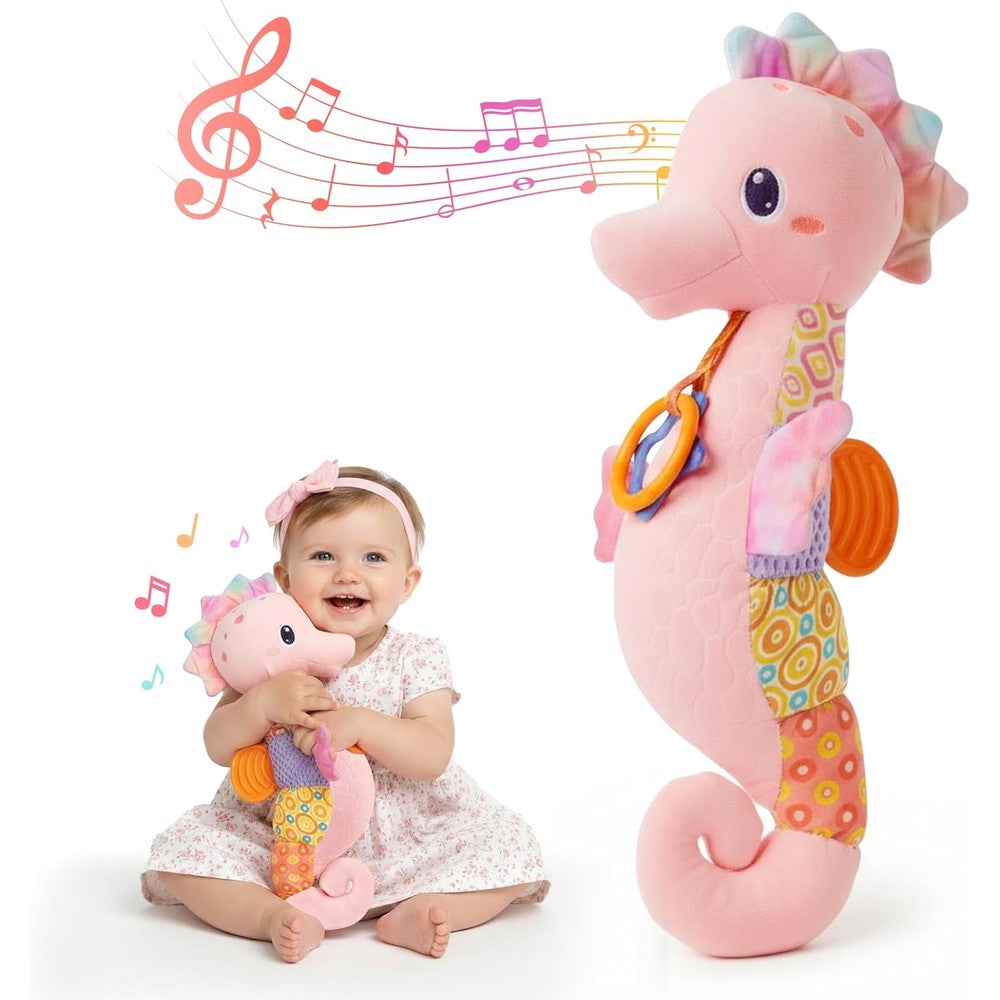 Coqin infant musical seahorse sensory toy front view pink plush animal