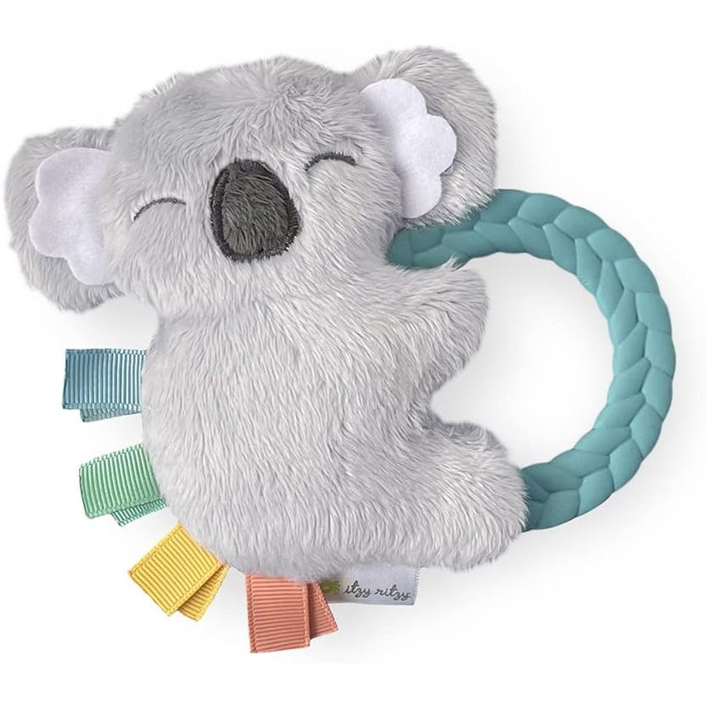 Itzy Ritzy Ritzy Rattle Pal Koala front view featuring minky plush character and blue braided teether ring.