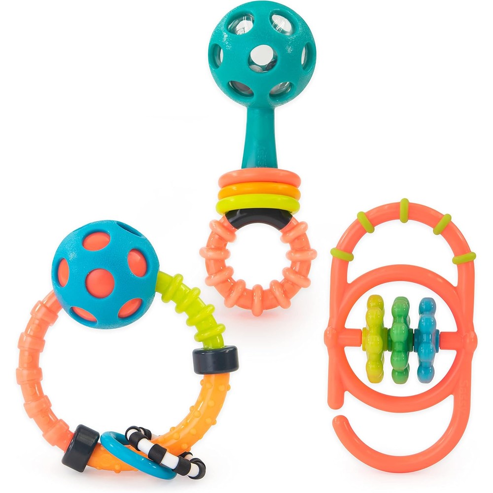Sassy My First Rattles Newborn Gift Set packaging front view highlighting three colorful sensory infant toys.