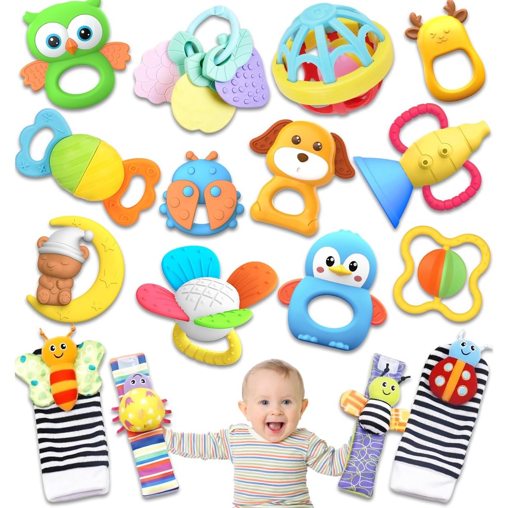 AZEN baby rattles and teething toys front view showcasing the complete sixteen pack set