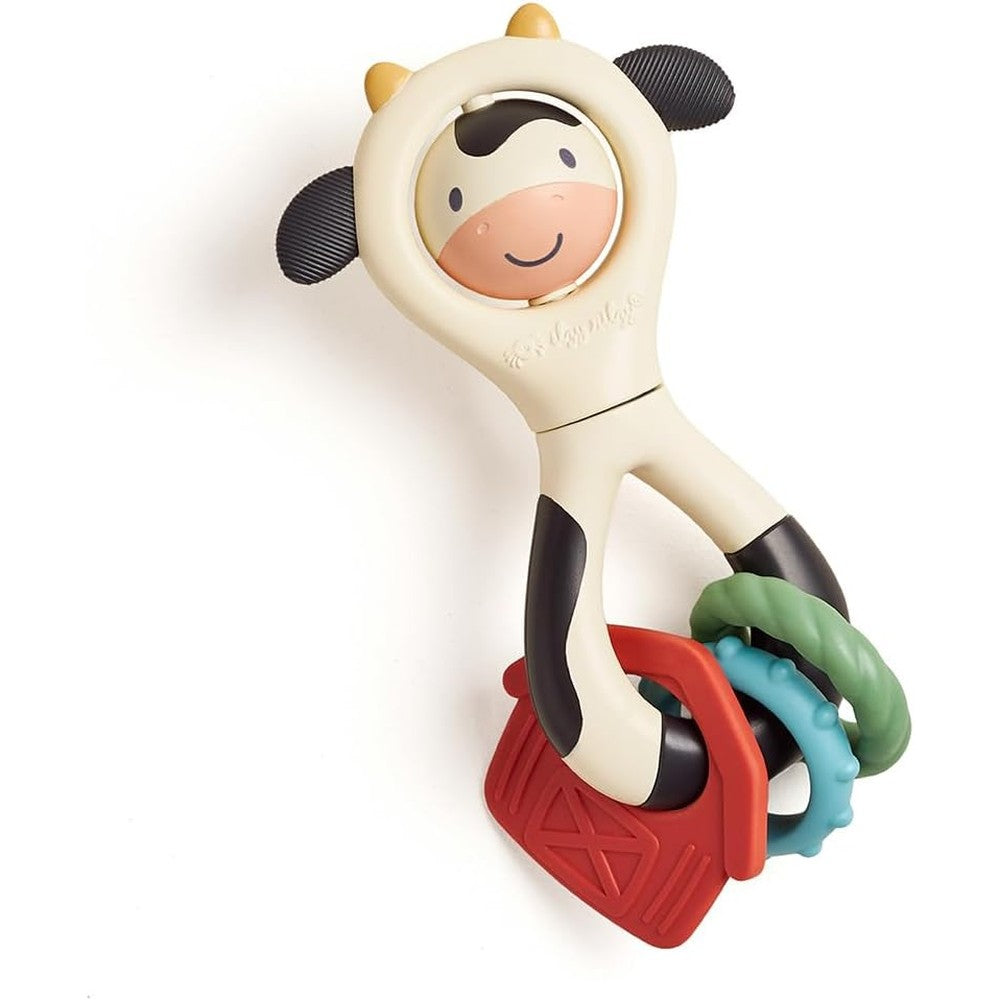 Itzy Ritzy Spinner Rattle Toy front view of cow sensory teether