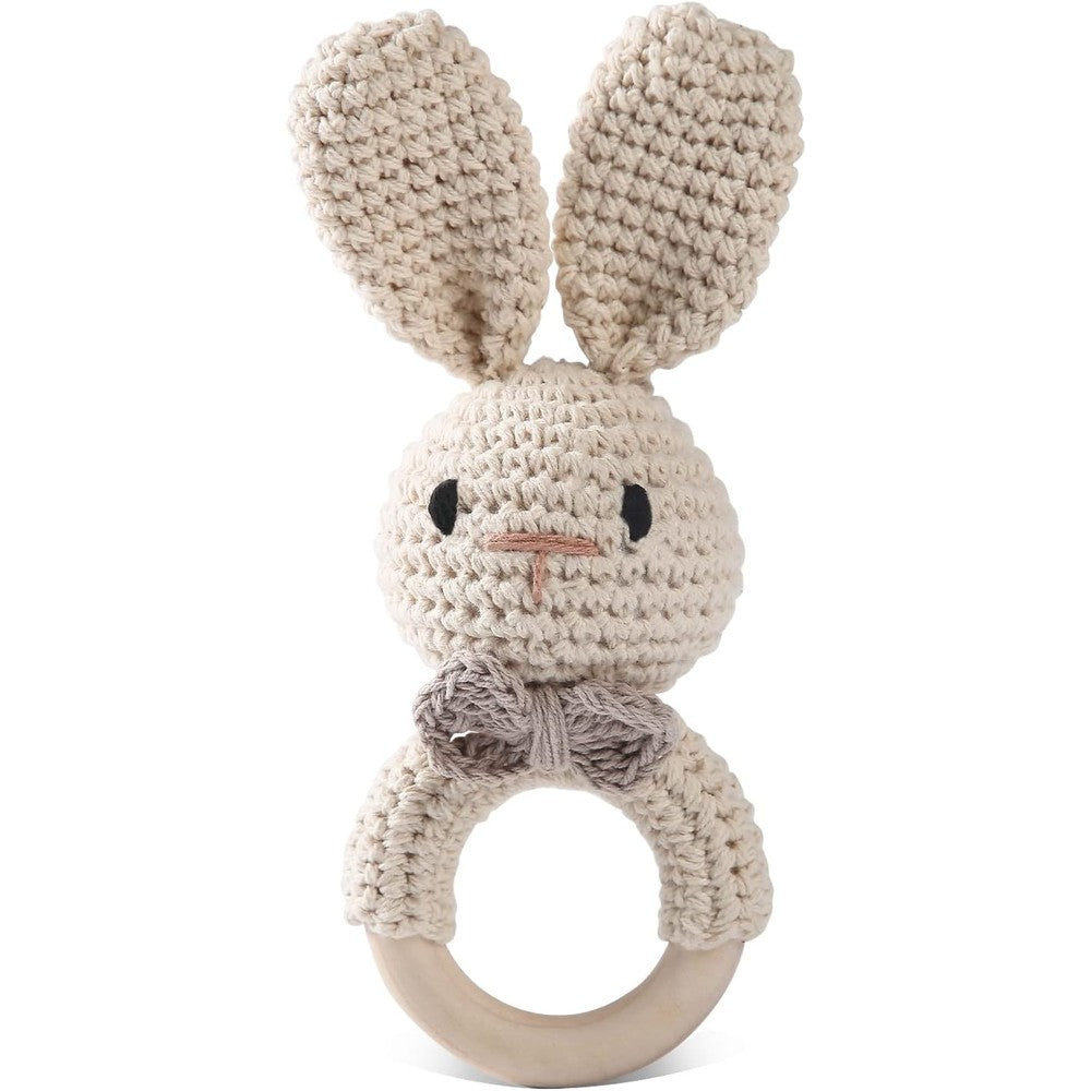 Bopoobo handmade crochet bunny wooden baby rattle front view showing the soft beige knit rabbit and natural teether ring.