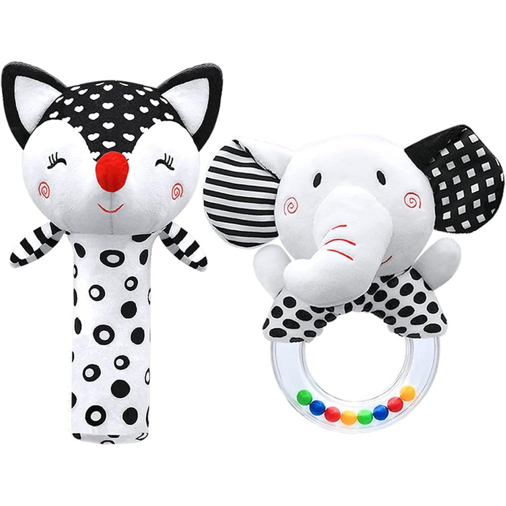 XIXILAND high contrast black and white plush baby rattle front view for newborn sensory development.