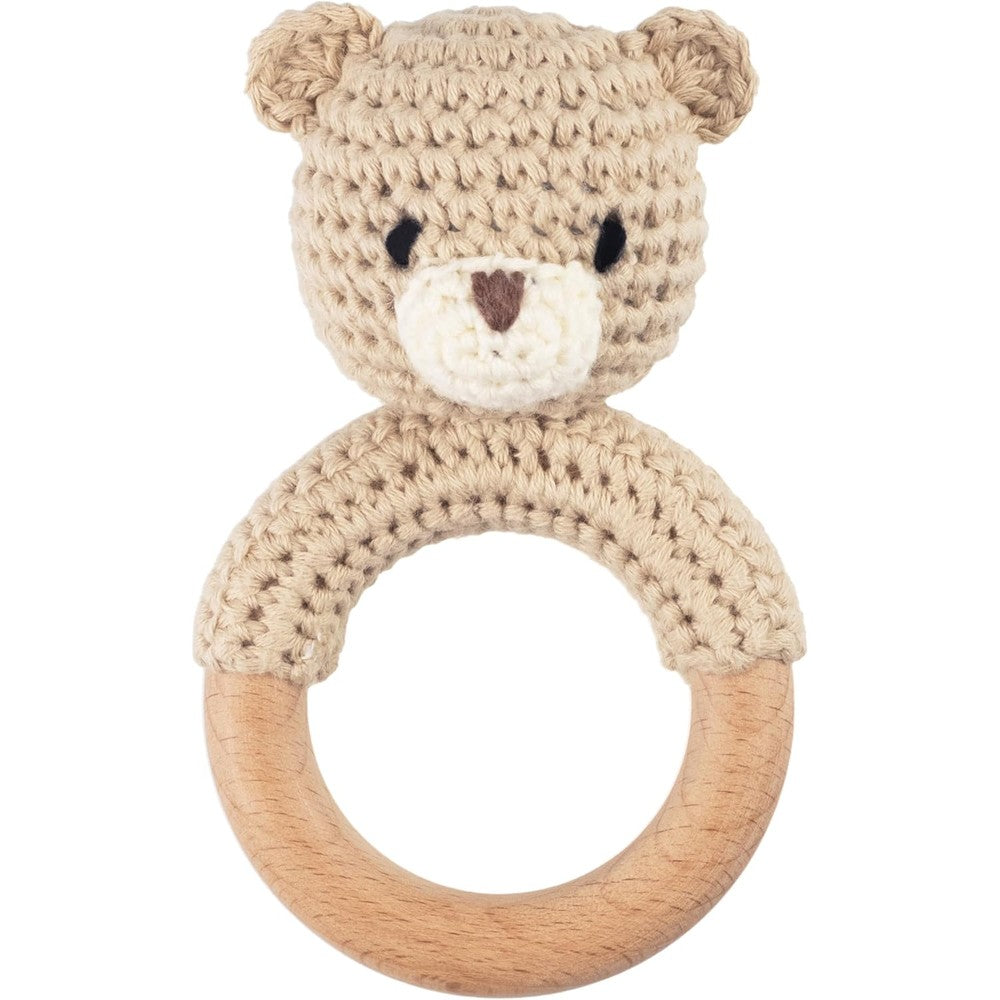 Wooden Teether Joliecraft safari animals baby rattle beige bear front view featuring handmade crochet texture and natural wood ring.