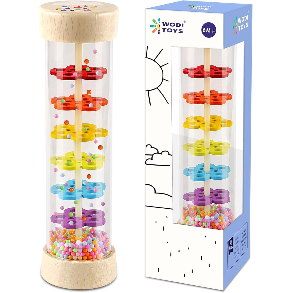 LOOIKOOS Rainmaker wooden rain stick sensory toy front view demonstrating cascading colorful beads.