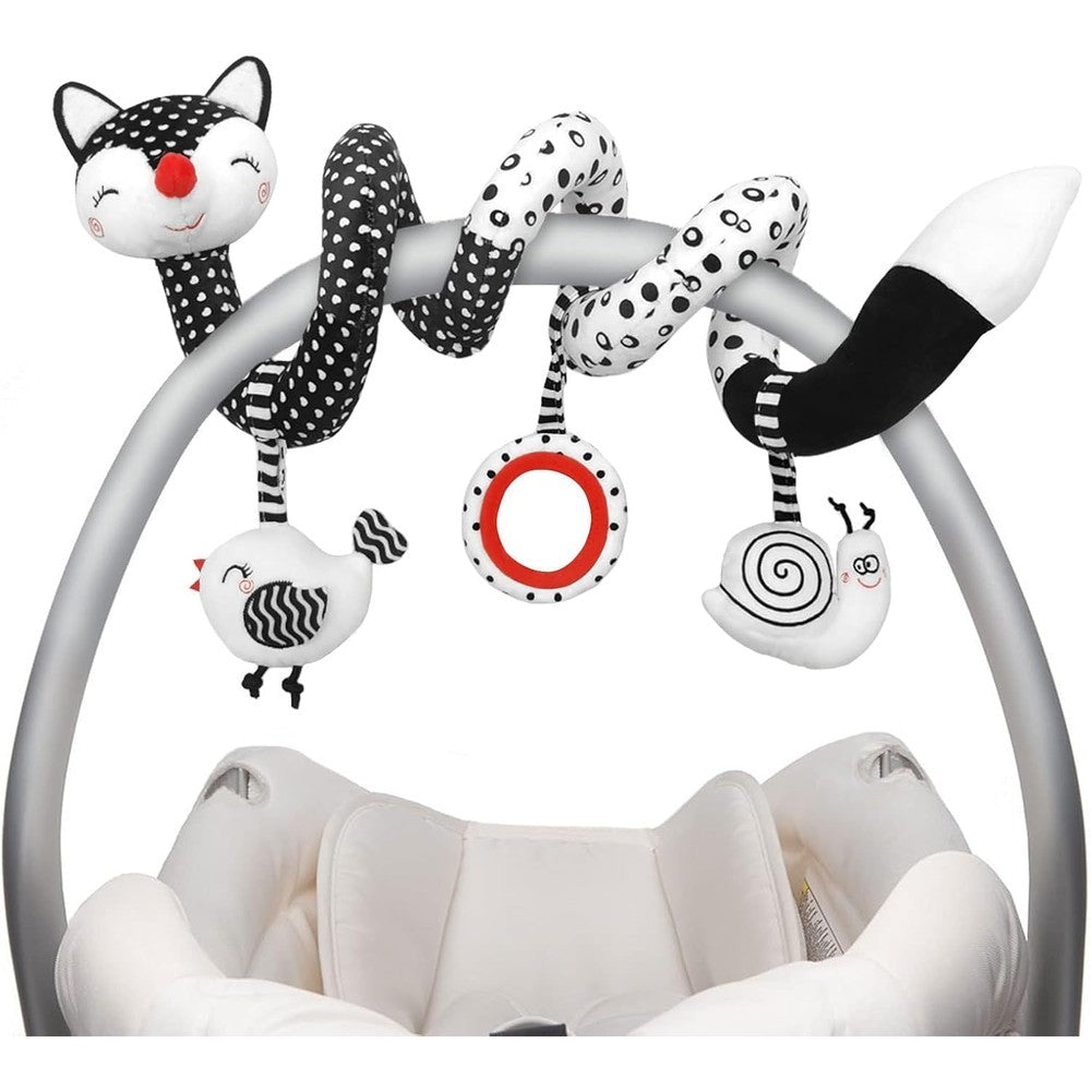 XIXILAND baby spiral plush toy front view wrapped around a stroller handle bar