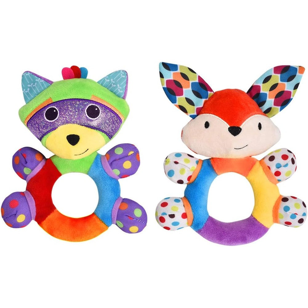 HAHA Baby teething rattle toy front view showing the plush raccoon character with green head and textured ears.