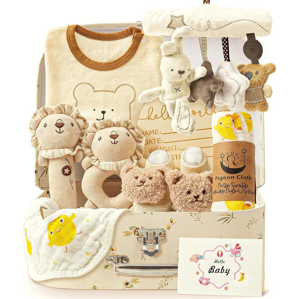 Golray 9 piece newborn baby gift basket set front view showing keepsake suitcase and baby essentials.