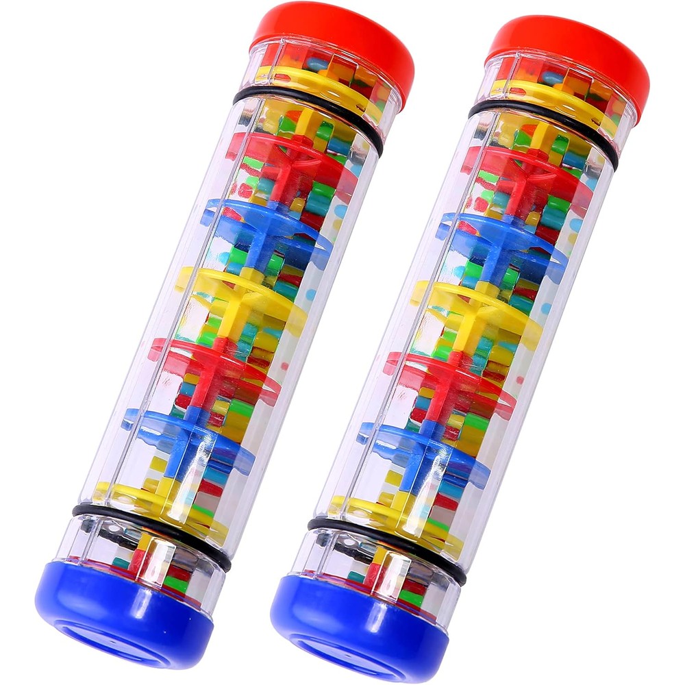 TDOCK 2 pack rainmaker rain stick musical instrument front view showing two blue ended tubes filled with colorful beads