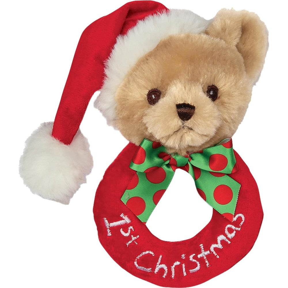 Bearington Collection Baby 1st Christmas plush ring rattle front view