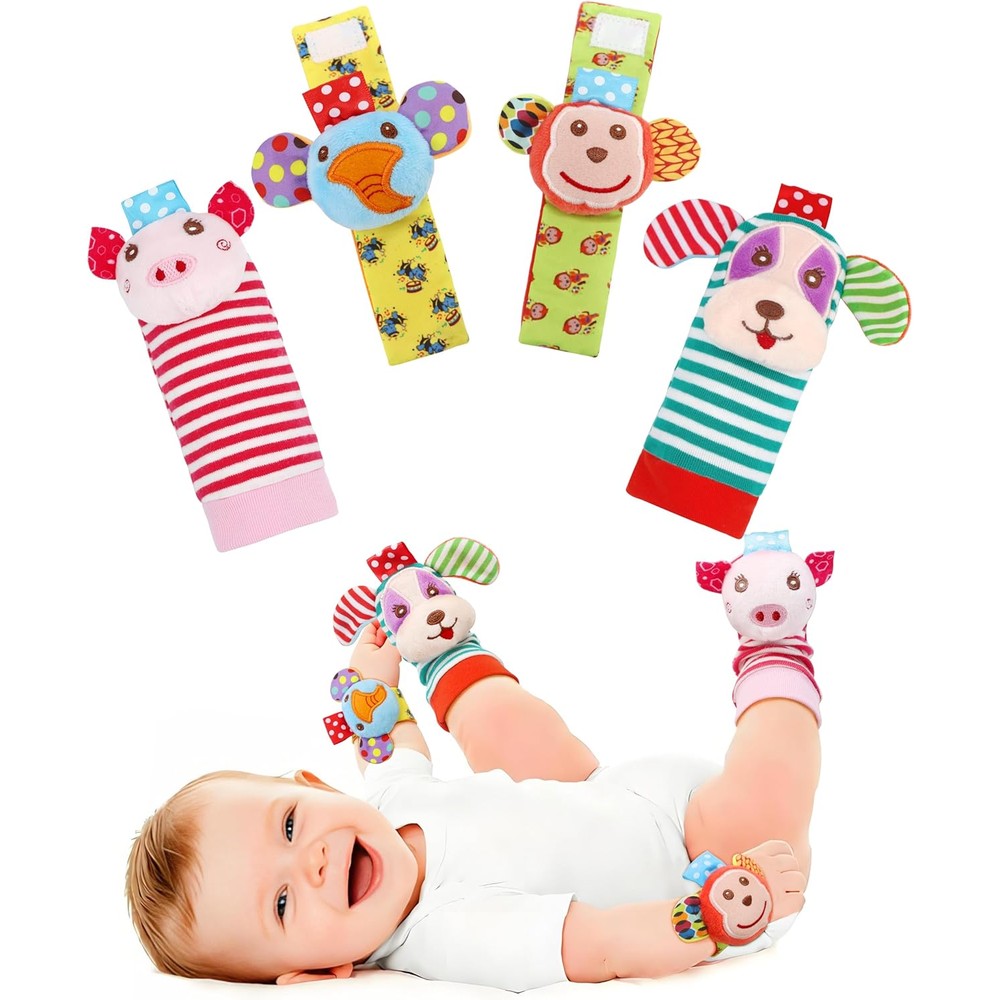 SSK Soft Baby Wrist Rattle and Foot Finder Socks Set front view showing four plush animal toys.