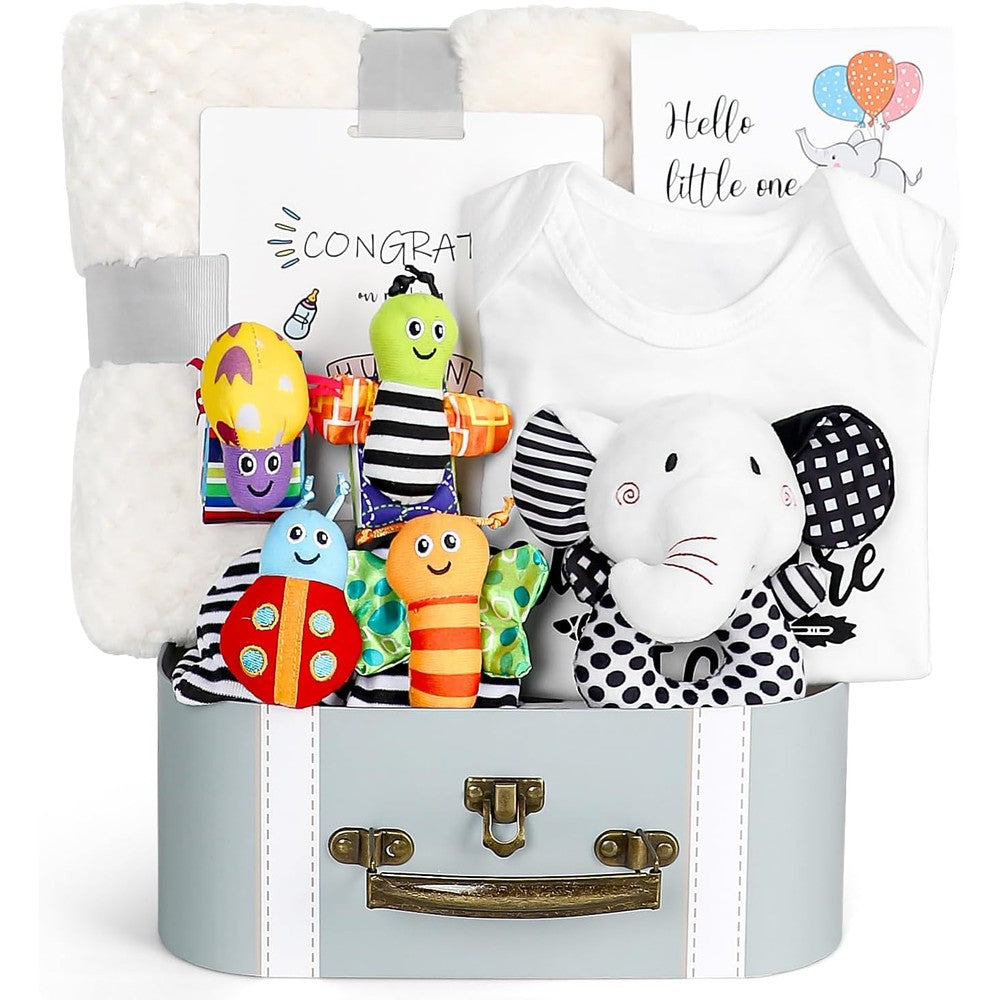 iAOVUEBY baby gift set front view showcasing the high contrast black and white newborn basket components