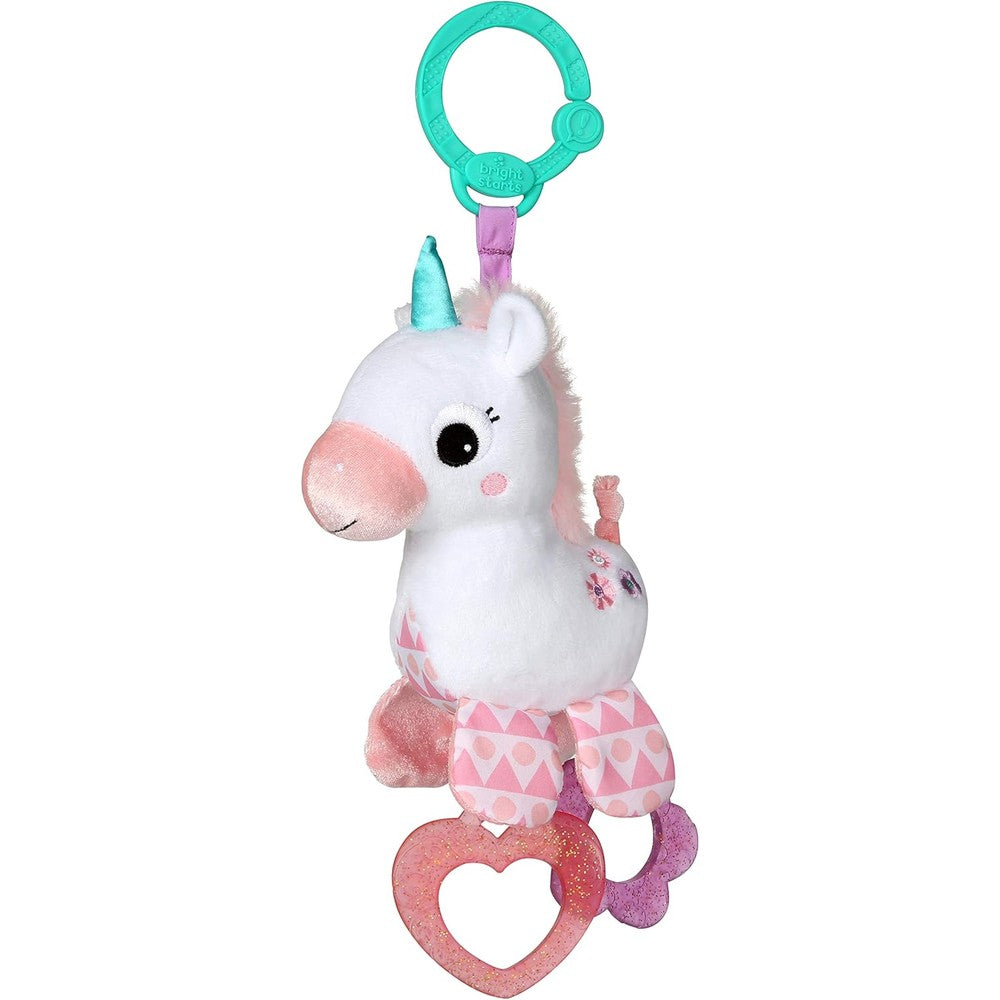 Bright Starts Unicorn Sparkle and Shine plush toy front view showing pink heart teether.