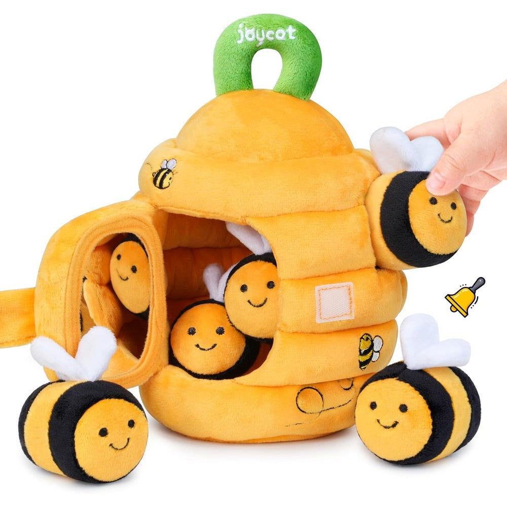 TurtleBee JoyCat baby soft beehive sensory toy front view showing plush hive and mirror