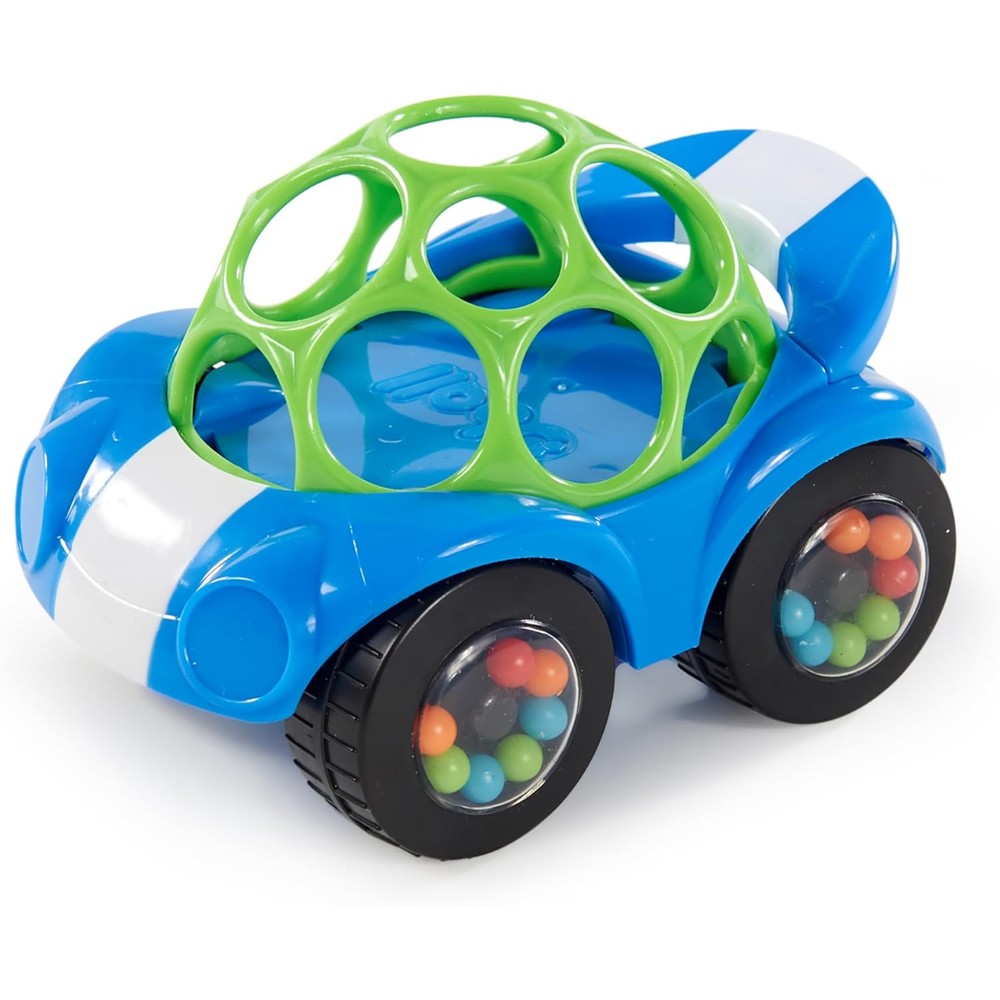 Bright Starts Oball Rattle and Roll Sports Car front view showing the blue and green flexible frame.