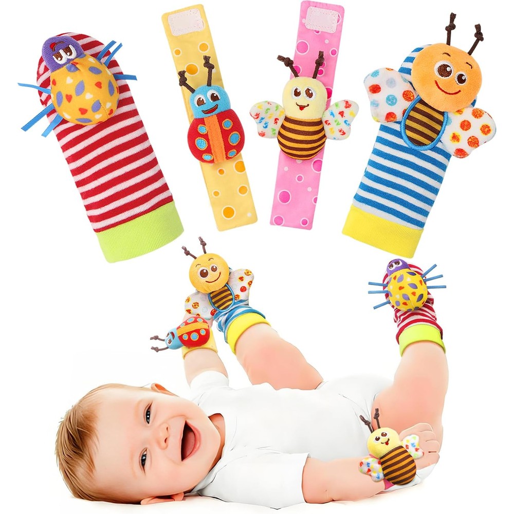 Bloobloomax baby wrist rattle socks and foot finder set front view showing garden bug plush characters.