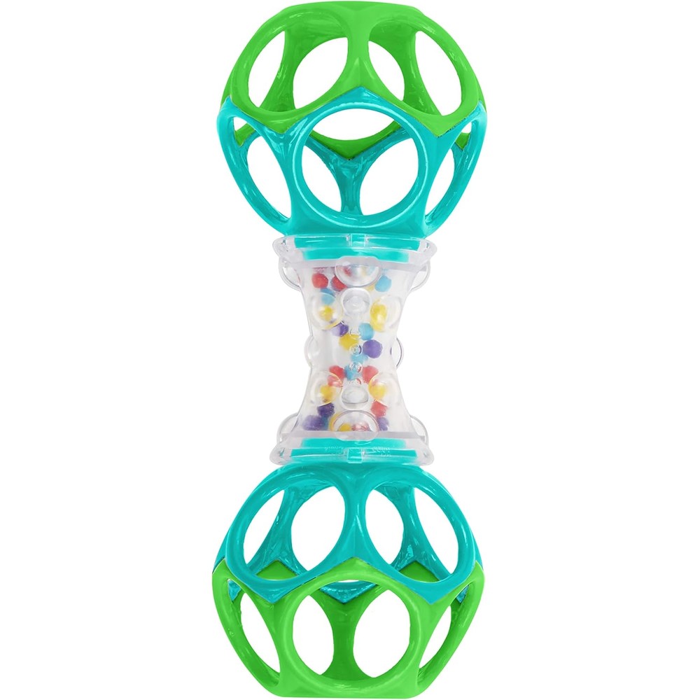 Bright Starts Oball Shaker Rattle Toy front view showing clear center handle and colorful internal beads.