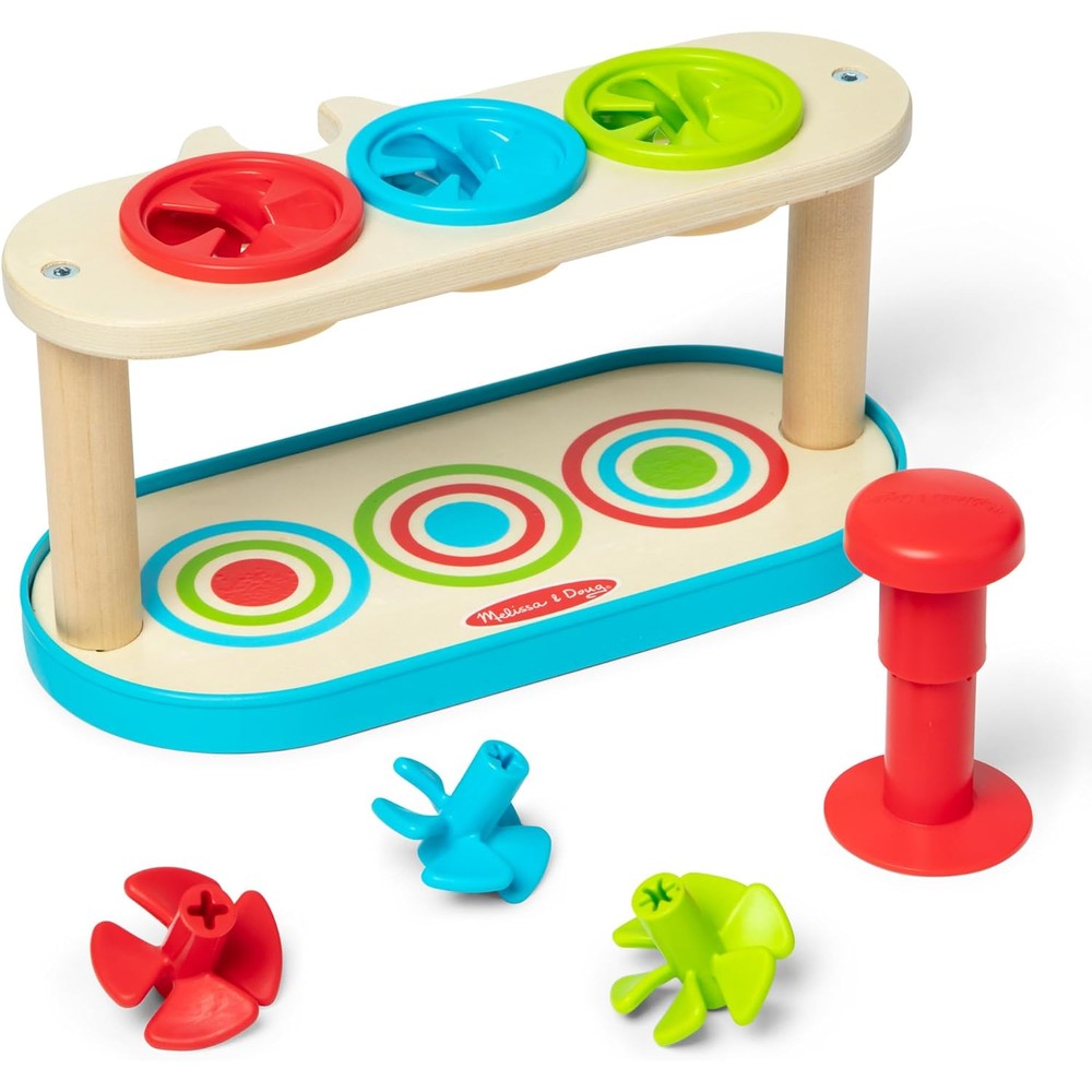Melissa and Doug Match and Push Spinning Tops wooden base and colorful spinners