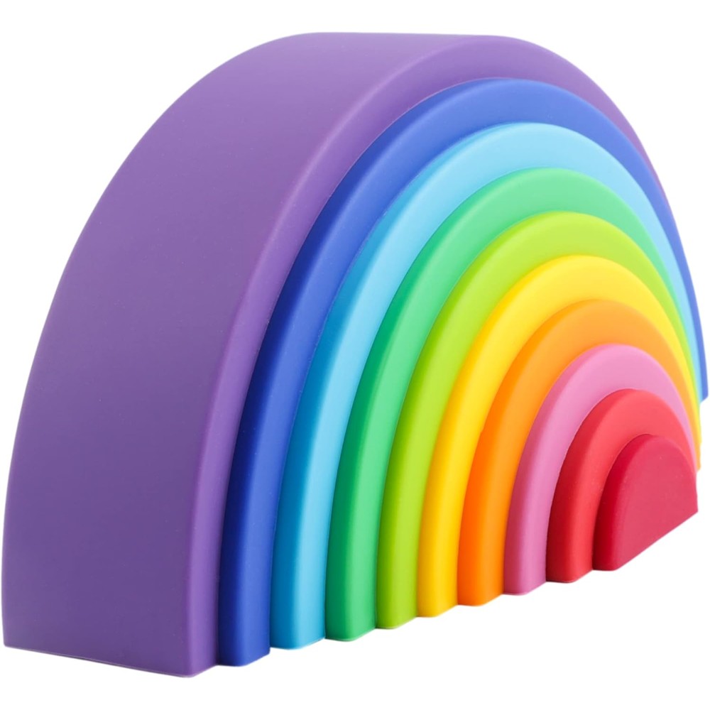 BLUE GINKGO Silicone Rainbow Stacker front view showing ten vibrant nested arches for toddler sensory play.