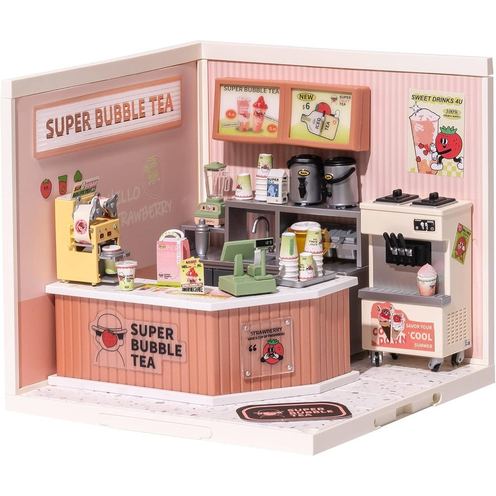 Rolife Super Creator Double Joy Bubble Tea DIY miniature house kit front view showing fully assembled boba shop with glowing LED lights
