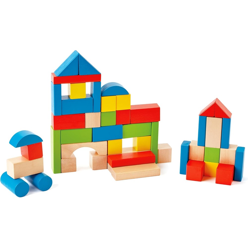 Hape Maple Wood Kids Building Blocks front view of 50 colorful pieces stacked into a tower
