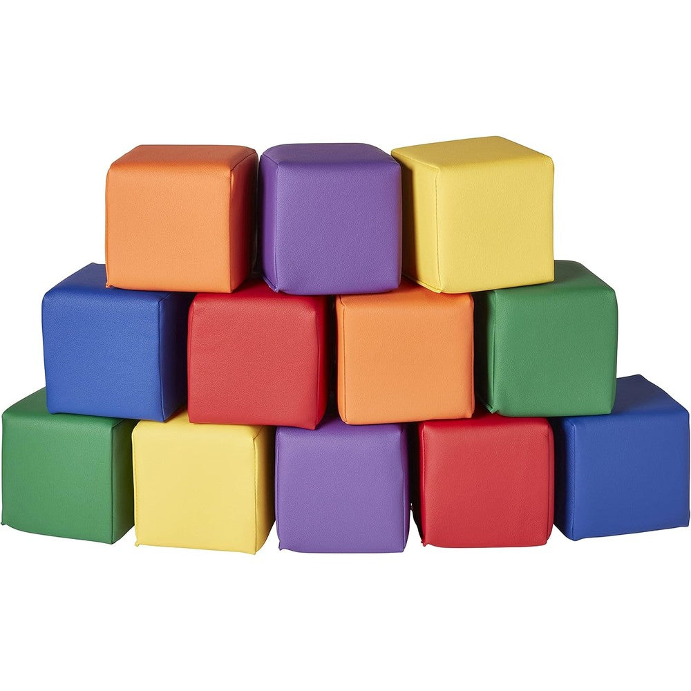 ECR4Kids SoftZone Patchwork Toddler Blocks front view showing 12 colorful stacked foam cubes for developmental play.