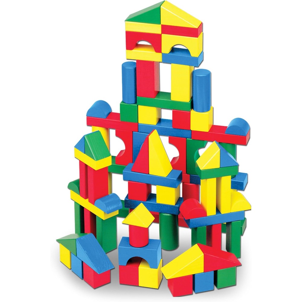 Melissa & Doug Wooden Building Blocks front view of packaging with colorful stacking pieces.