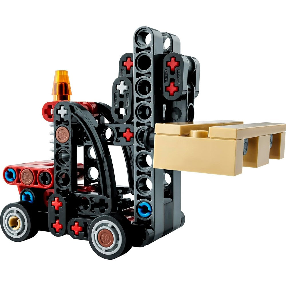 Lego Technic Forklift with Pallet 30655 front view showing mechanical lift design.