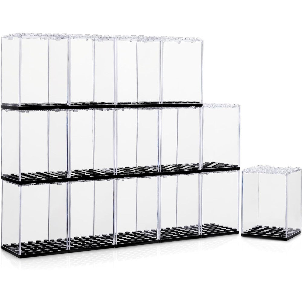 Pokiiulk 15 piece acrylic display cases for Lego minifigures front view