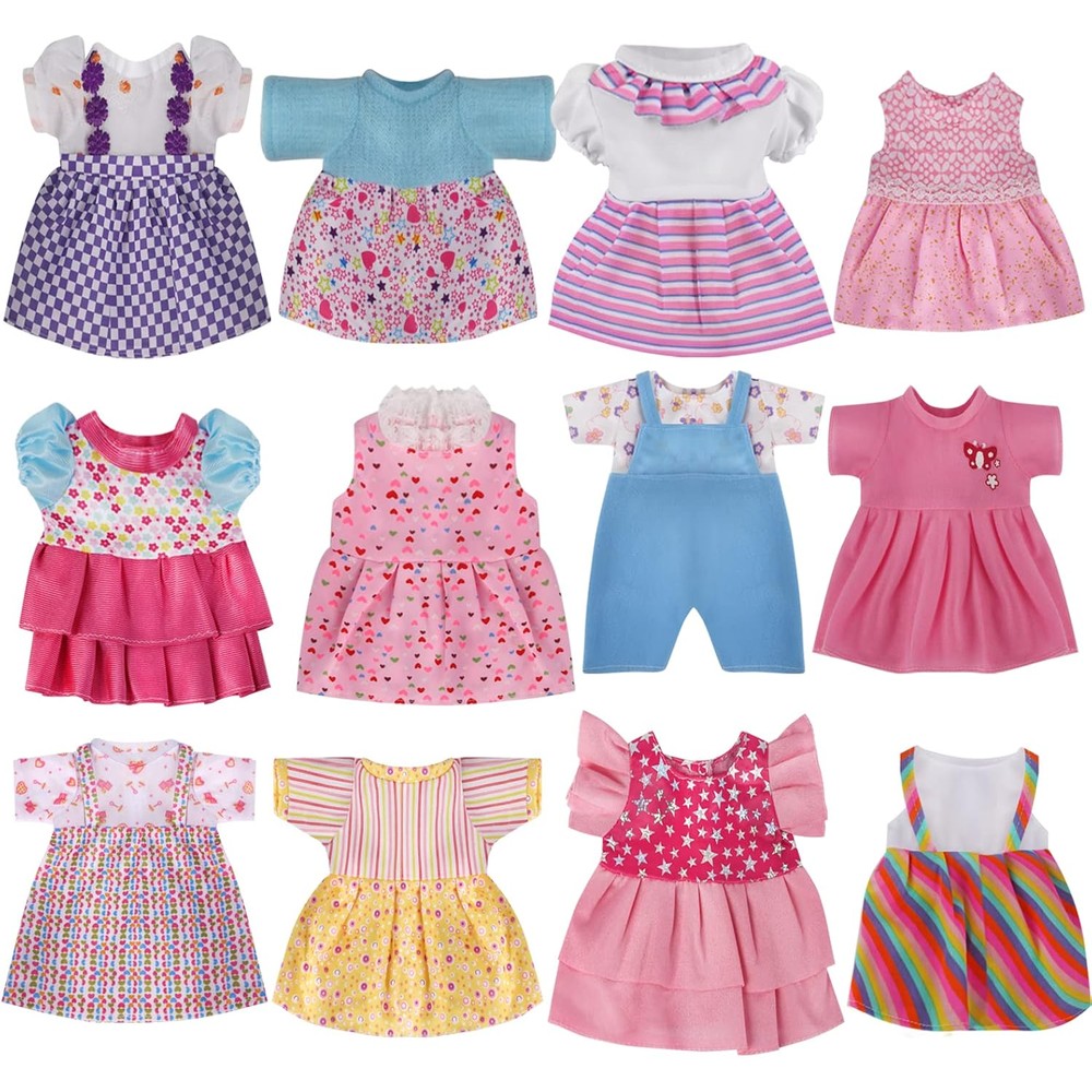 YAYYAY alive doll clothes twelve sets front view displaying colorful princess dresses and romper styles arranged neatly