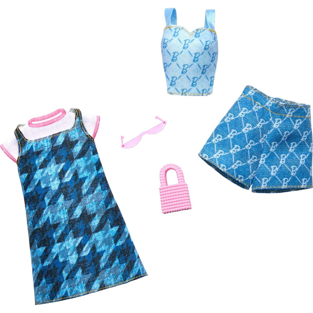 Barbie brand denim clothing set front view featuring premium doll outfits and pink accessories.