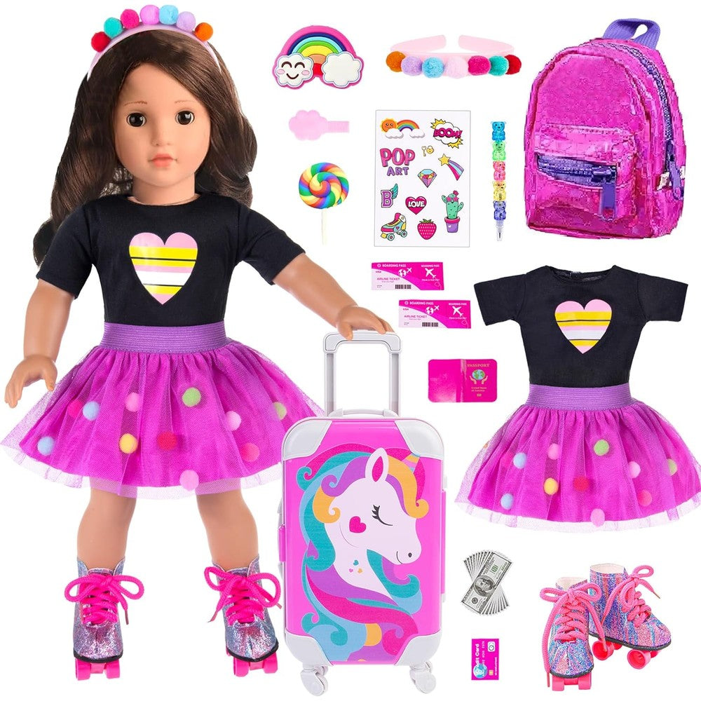 Ebuddy doll travel set front view featuring purple unicorn suitcase and doll clothes.